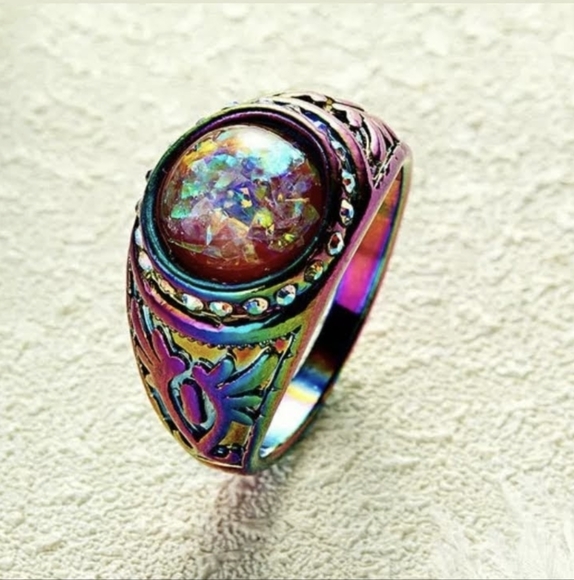 *Sale* New Fire Red Orange Opal Rainbow Hematite Ring. - Picture 2 of 8